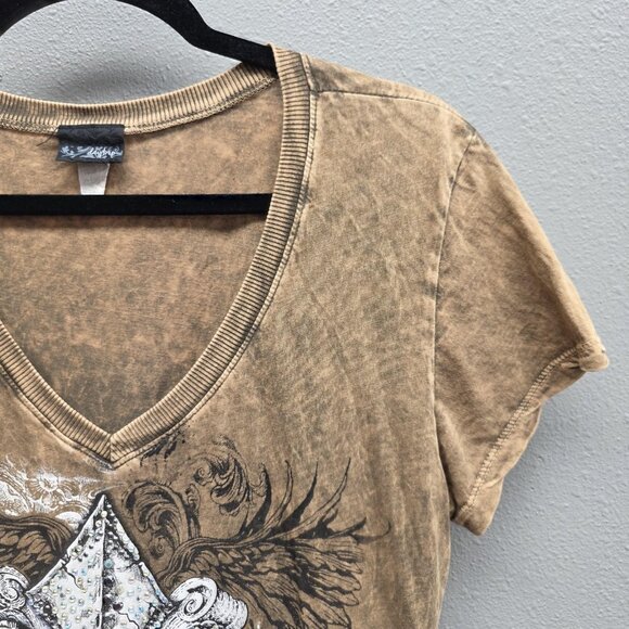 Fleur De Lis Shirt Womens Large Brown V-Neck Rhinestone Graphic Mineral Wash - Picture 2 of 8